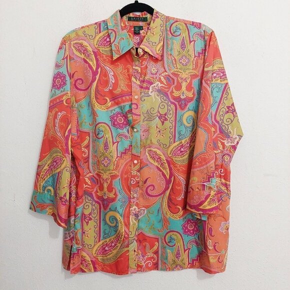 Lauren Ralph Lauren Orange Multicolor Paisley Button Up Long Sleeve Shirt Sz 1X - Picture 1 of 8